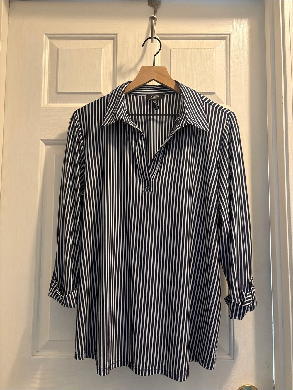 Jones New York Navy and White Vertical Stripe Collared Tunic 3/4 Sleeves (Sz 1X)